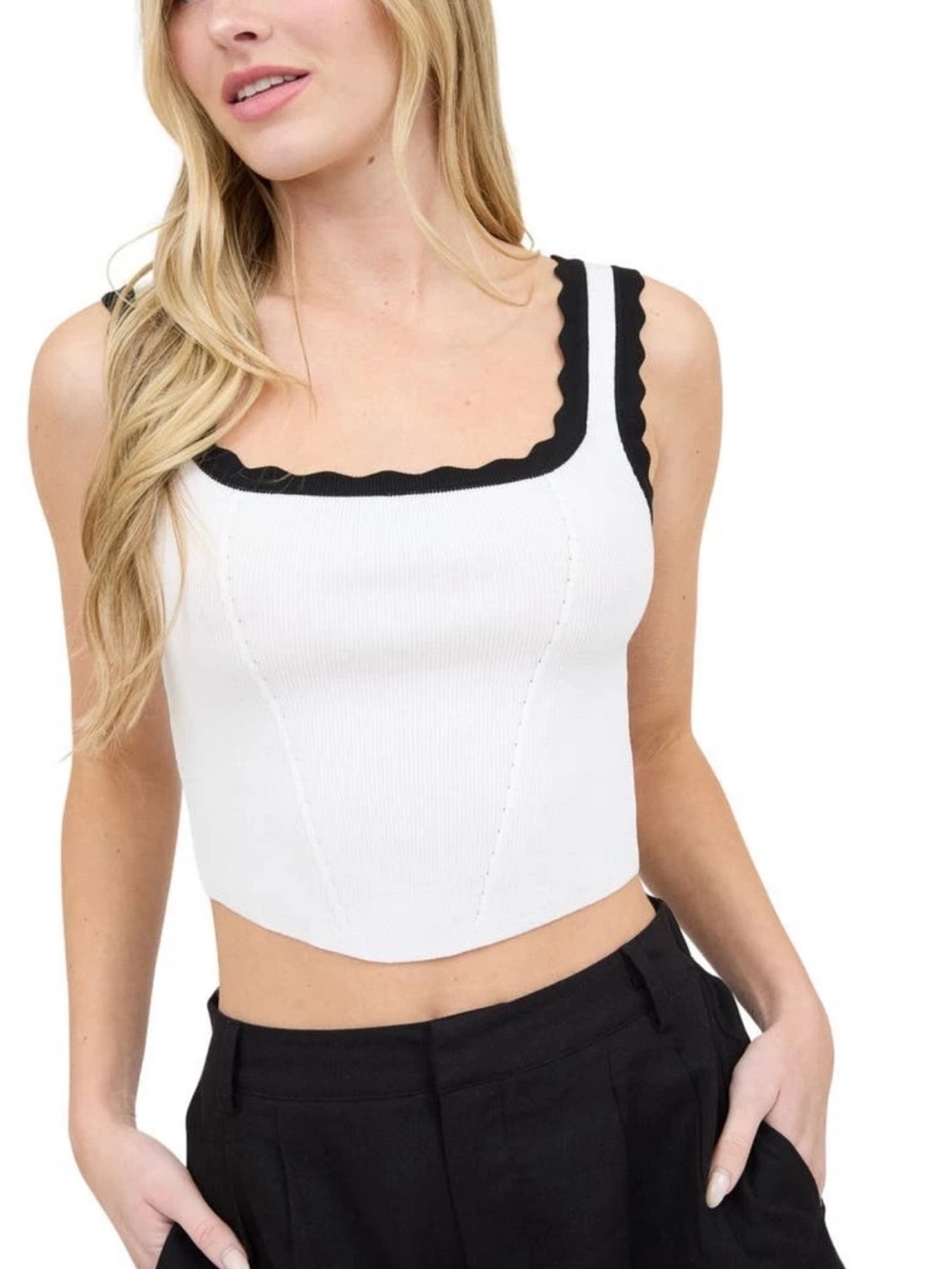 Women's White Ribbed Crop Top with Black Scallop Trim